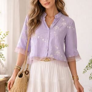 Floral Embroidered Pastel Purple Cropped Button Up Size Small Organza Hem